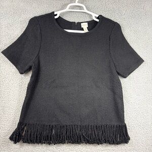 Classy Chico's Black Textured Short Sleeve Sweater Top with Fringe Hem